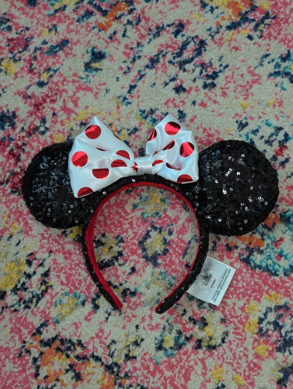 Disney Black Sequin Minnie Ear Headband with White Bow and Red Polka Dots